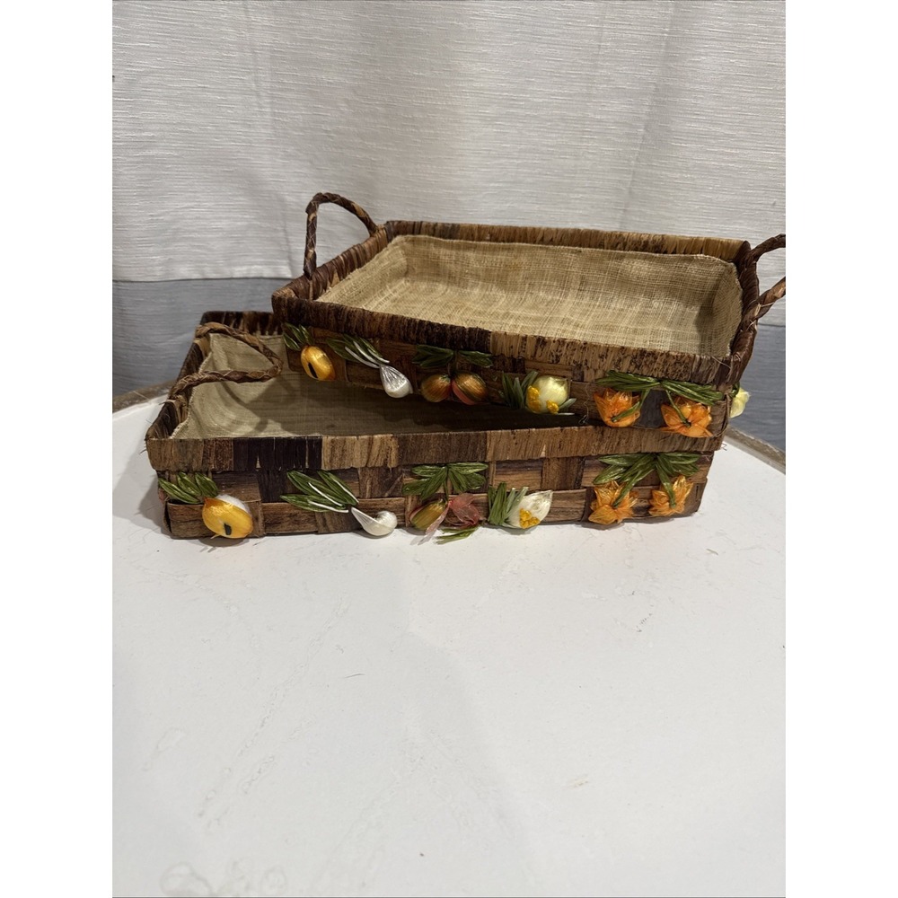 2 MCM Vintage Wicker Raffia Casserole Holders 13.5x8.5"/11"x7" Floral Accent